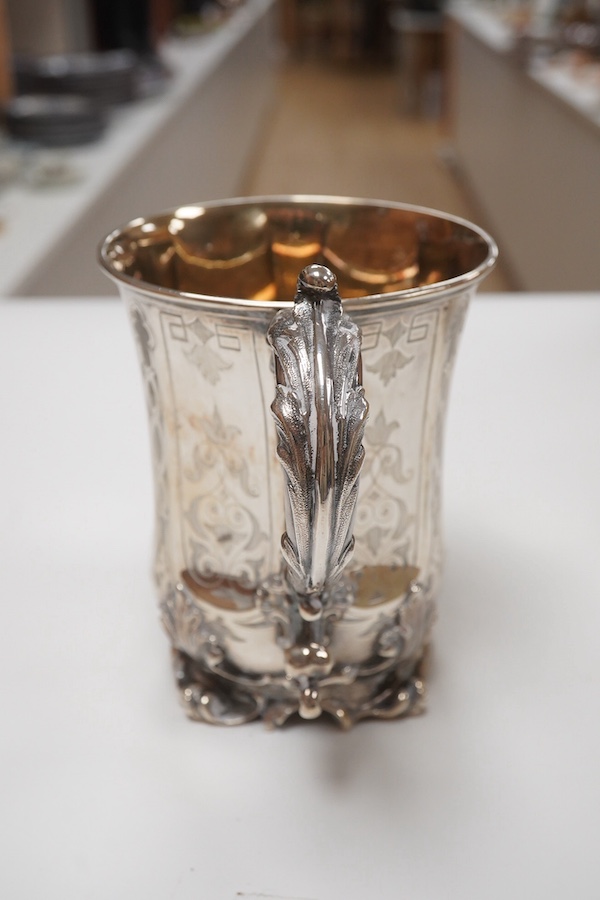 A George II provincial silver tankard by John Langlands I, with later engraved inscription, Newcastle, 1746, 12.3cm, 10.2oz. Condition - fair